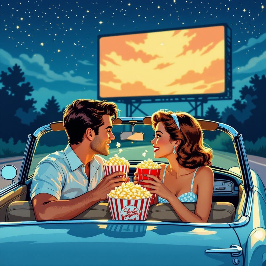 1950s Drive-in Movie Date in Comic Book Style