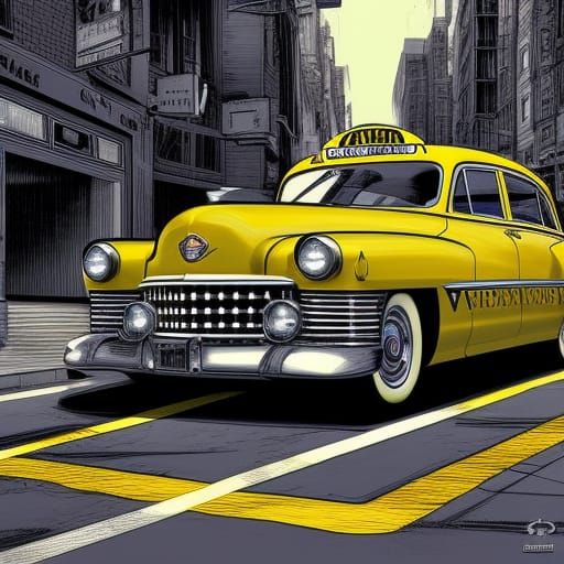 1950s Cadillac Taxi in Comic Book Art Style
