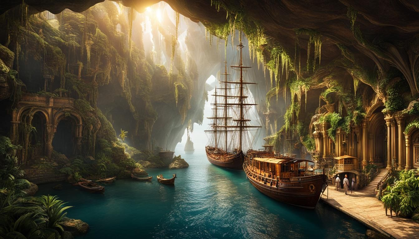 Tropical Marina in Cave with Steampunk Elements