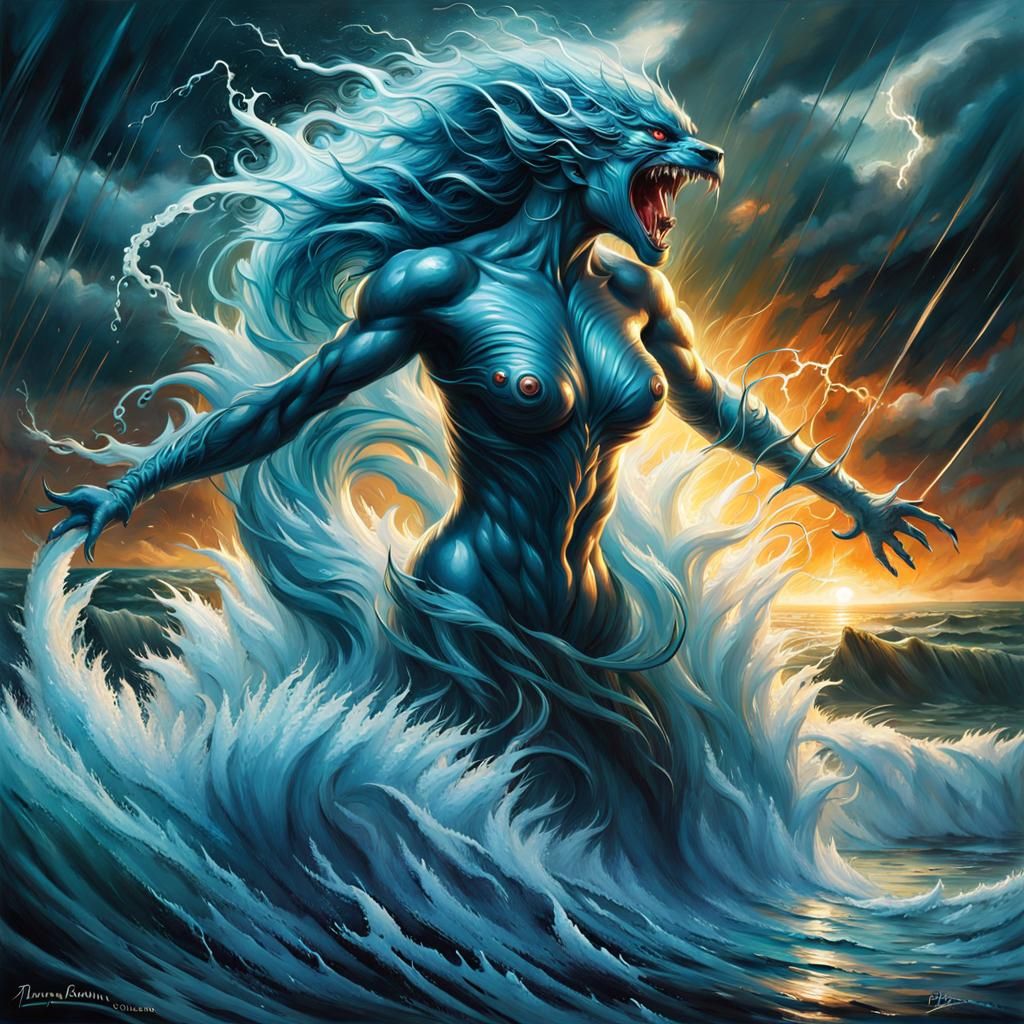 Anthropomorphic Water Monster on Stormy Shore as Impasto Pai...