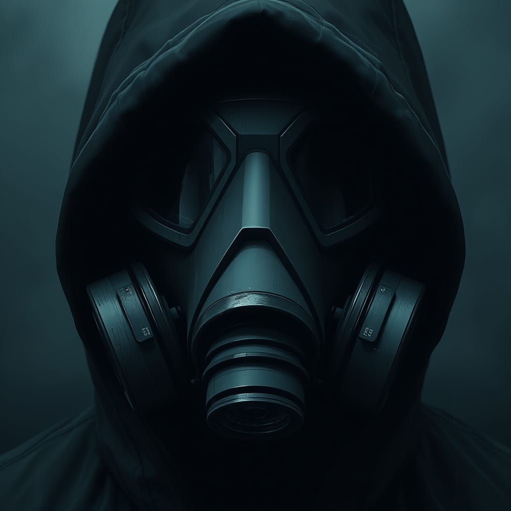 Mysterious Figure in Dark, Gritty Gas Mask