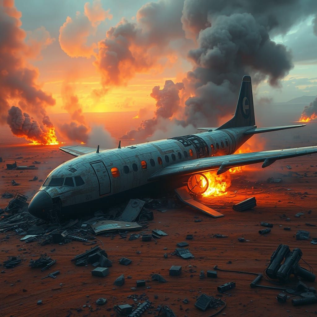 Burning Plane Crash in Desolate Barren Landscape