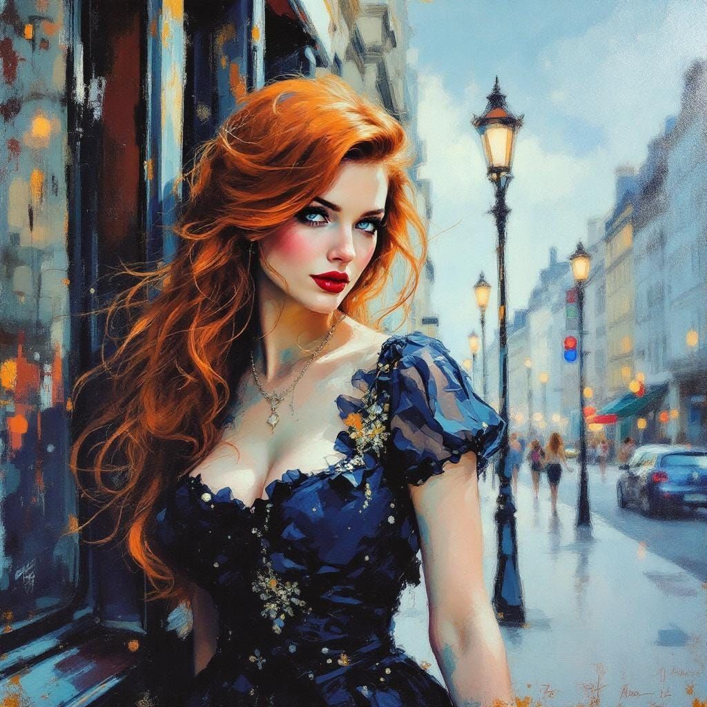 Redhead in Paris: Encaustic Impressionist Urban Scene