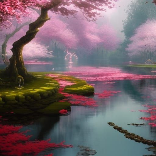 Gothic Water Garden in Crimson Sakura Forest