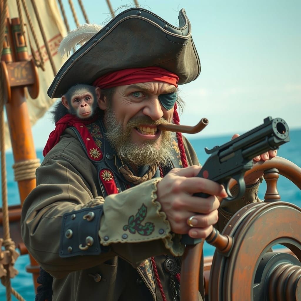 Pirate Captain in Action with Intricate Wooden Leg