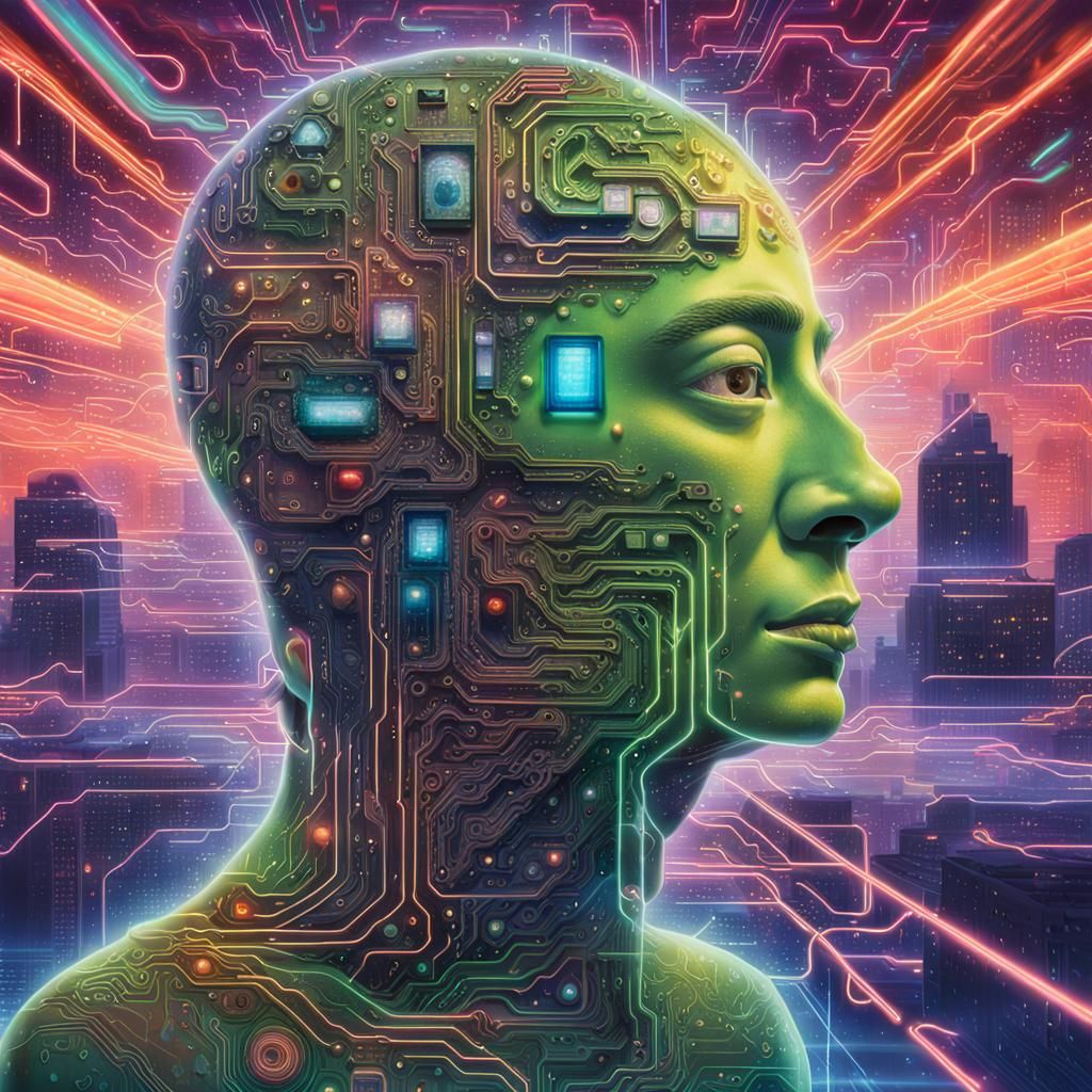 Cosmic Cyborg in Surreal Neon Landscape