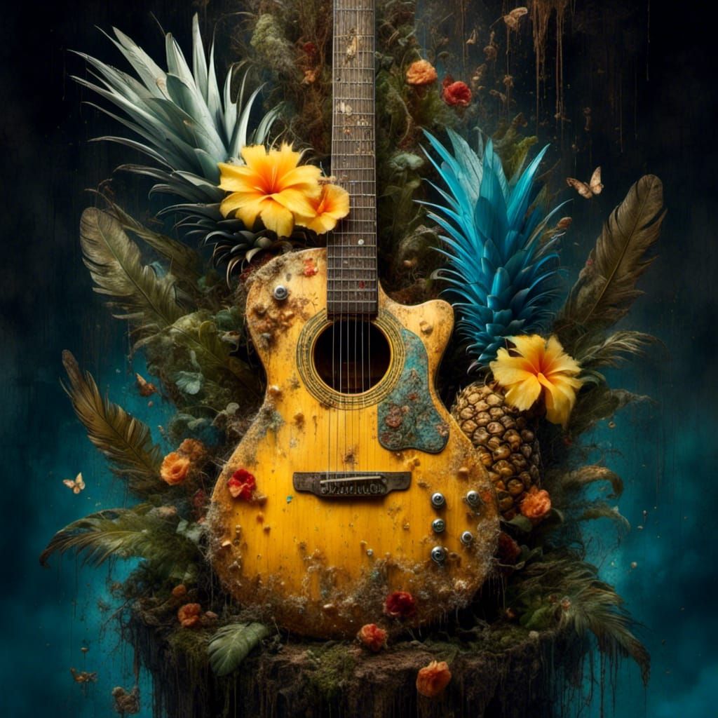 Surreal Collage: Feather, Guitar, Pineapple, and Star