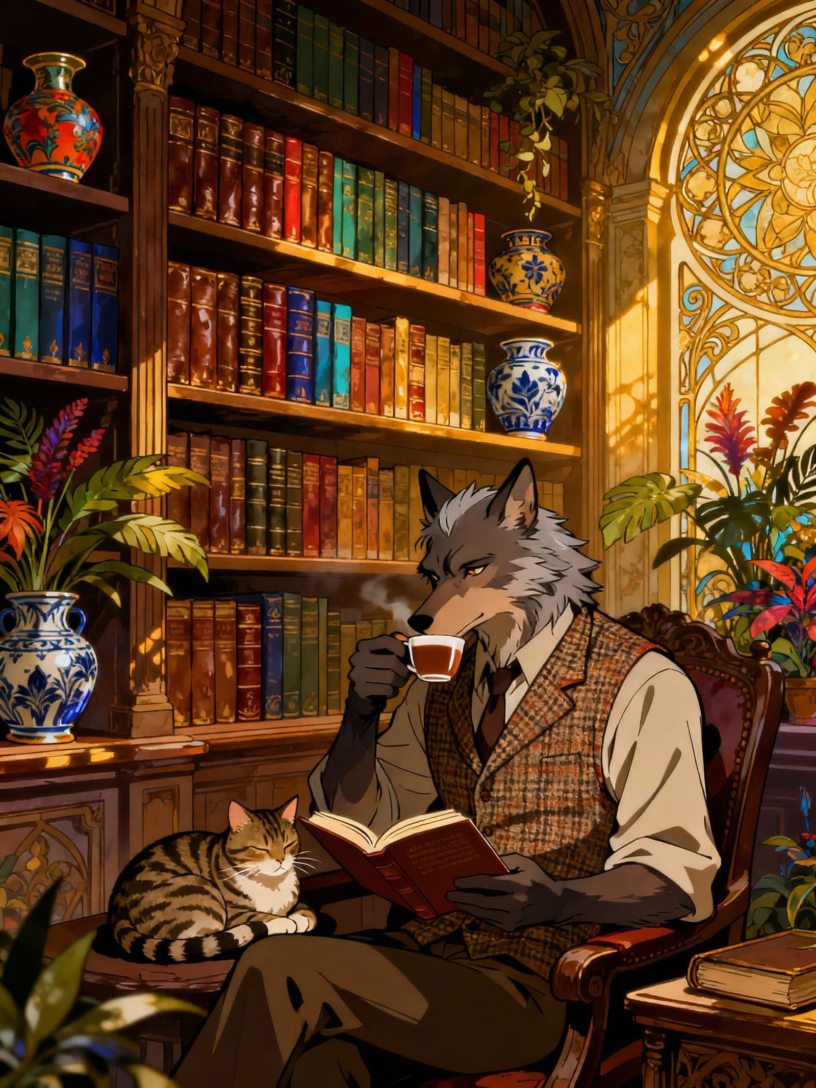 Art Nouveau Werewolf Reading in Ancient Library