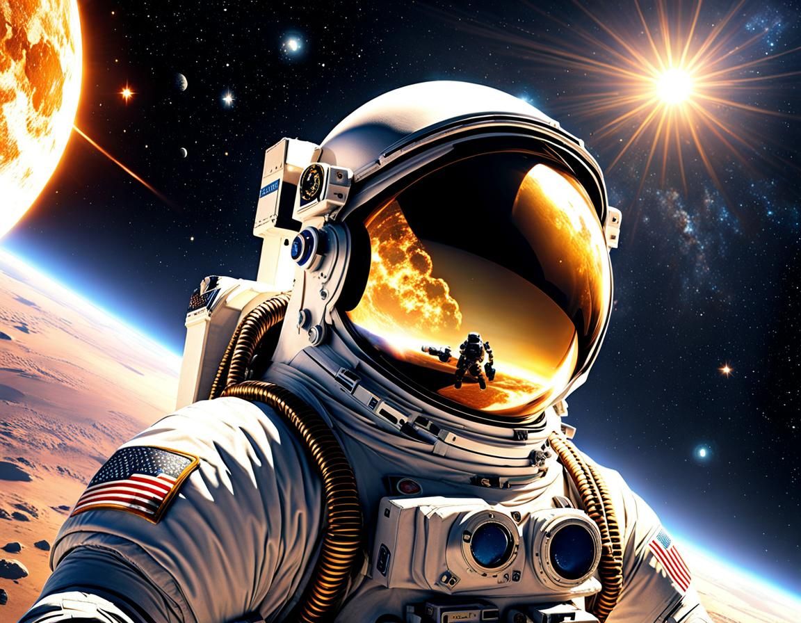 Astronaut Among Sun, Moon and Stars in Sci-Fi Photo