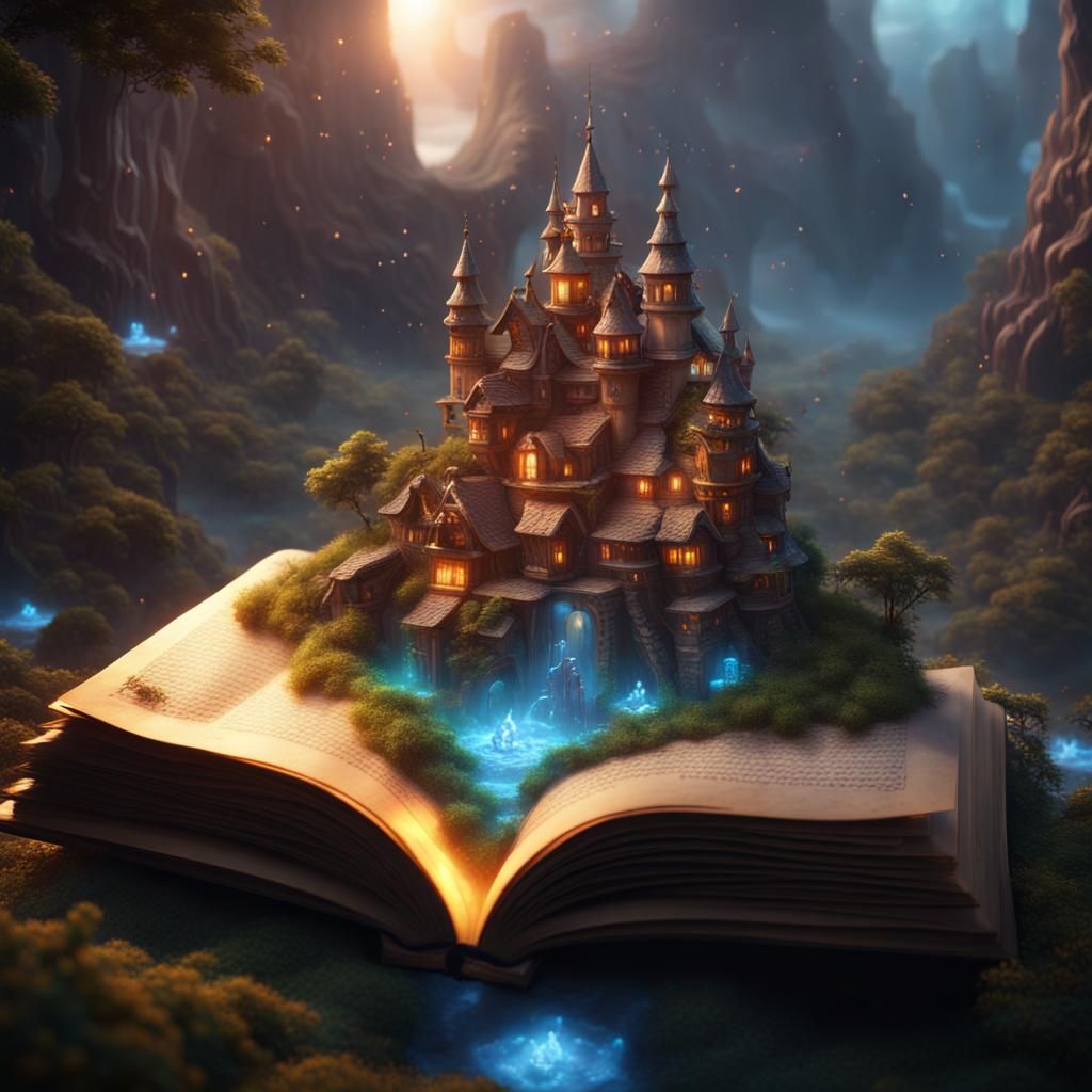 Magic Book with Holographic Village, Detailed Art