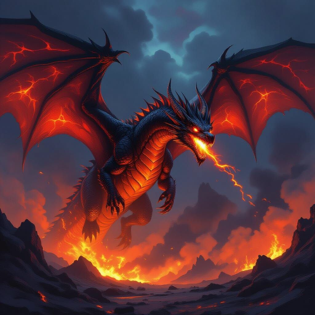 Colossal Lava Dragon Soaring Through Volcanic Sky