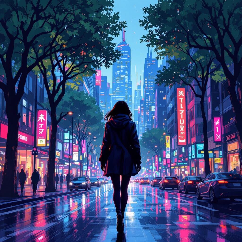 Vibrant City Street Scene in Futuristic Style