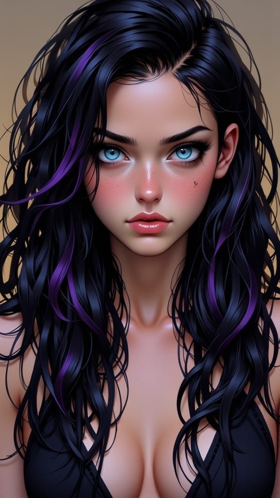 Curvy Woman with Black and Purple Hair, 3D Anime Art