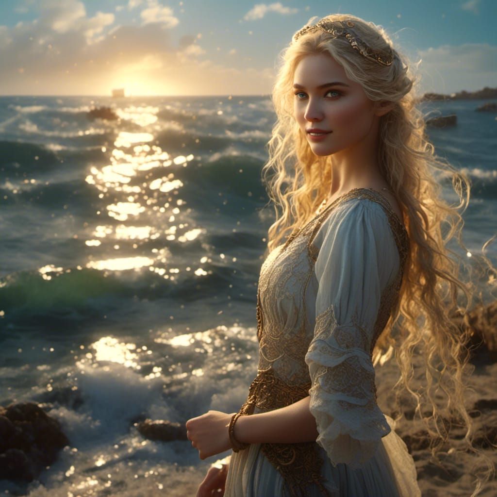 Blonde Woman at Sunset in Comic Style