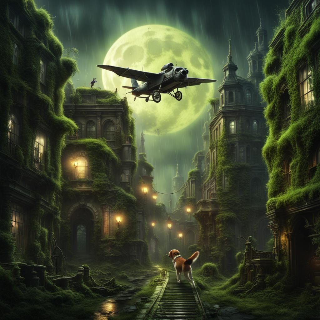 Steampunk Beagle Soaring Over Overgrown City