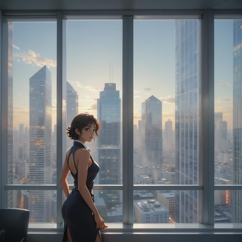 Latina Businesswoman in Anime Style Skyscraper Apartment