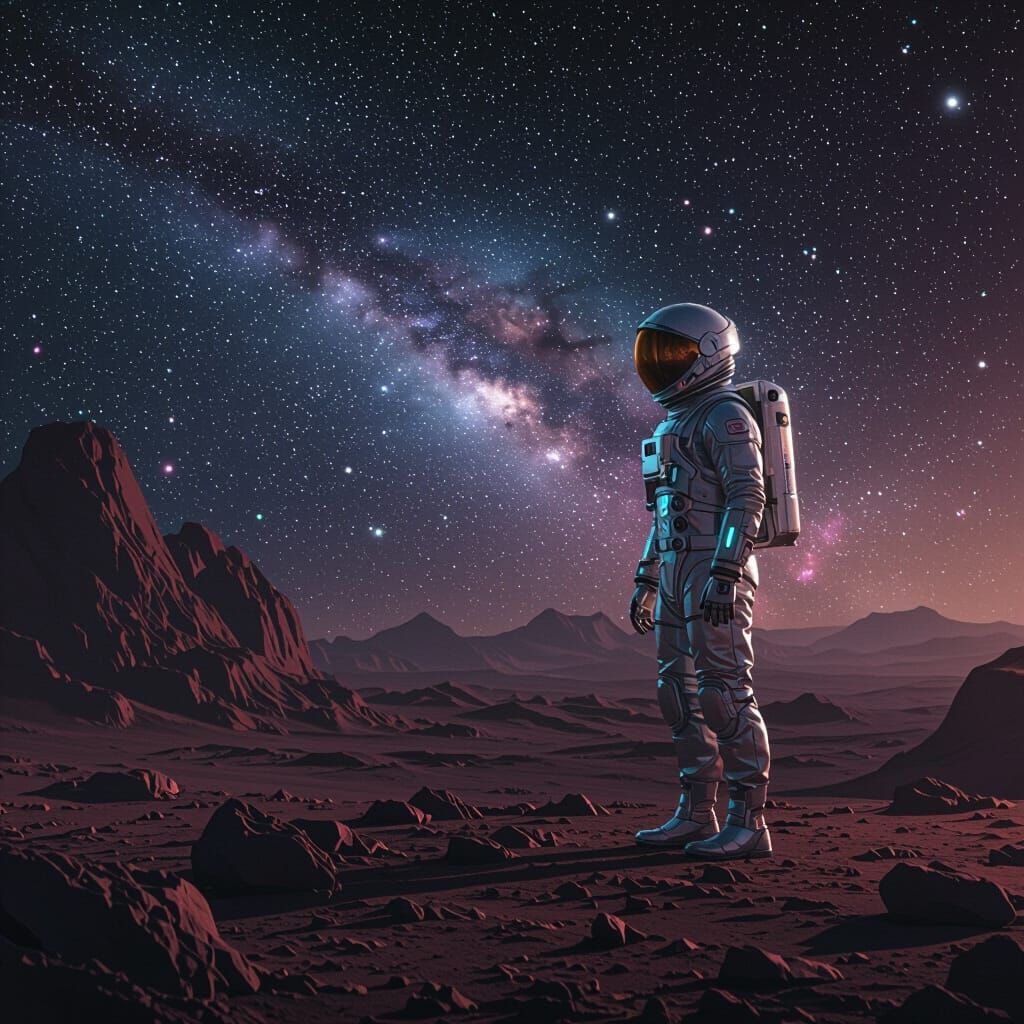 Astronaut on Rocky Planet in Futuristic Style