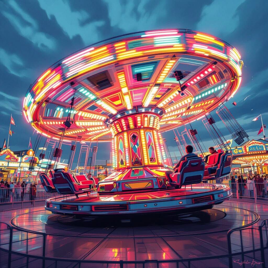Dynamic Fairground Ride in Futuristic Digital Art Style