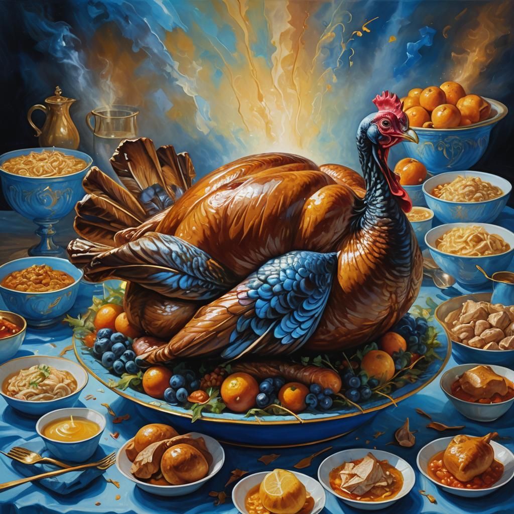 Surreal Turkey in Blue Bowl: Oil Painting