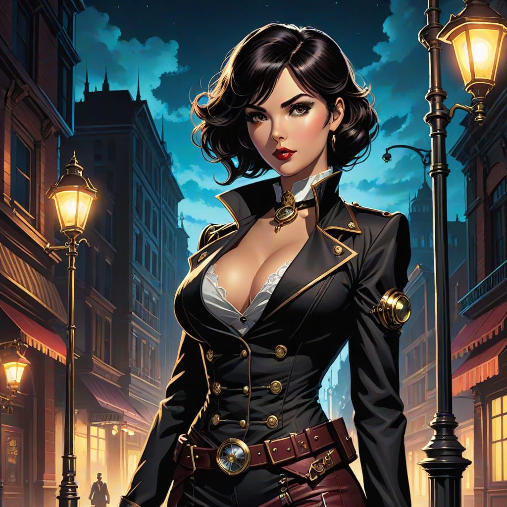 Steampunk Woman in Film Noir Comic Art