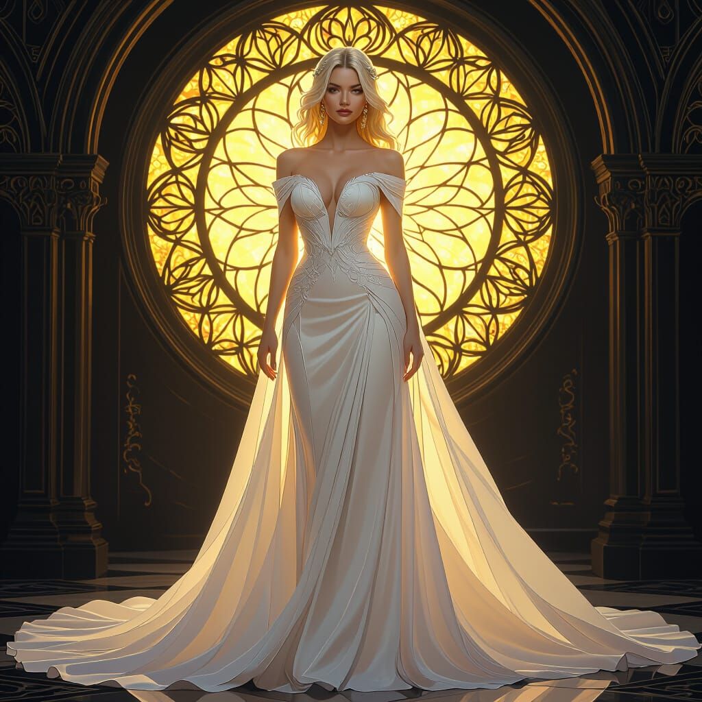 Blonde Woman in Fantasy Light Wedding Dress