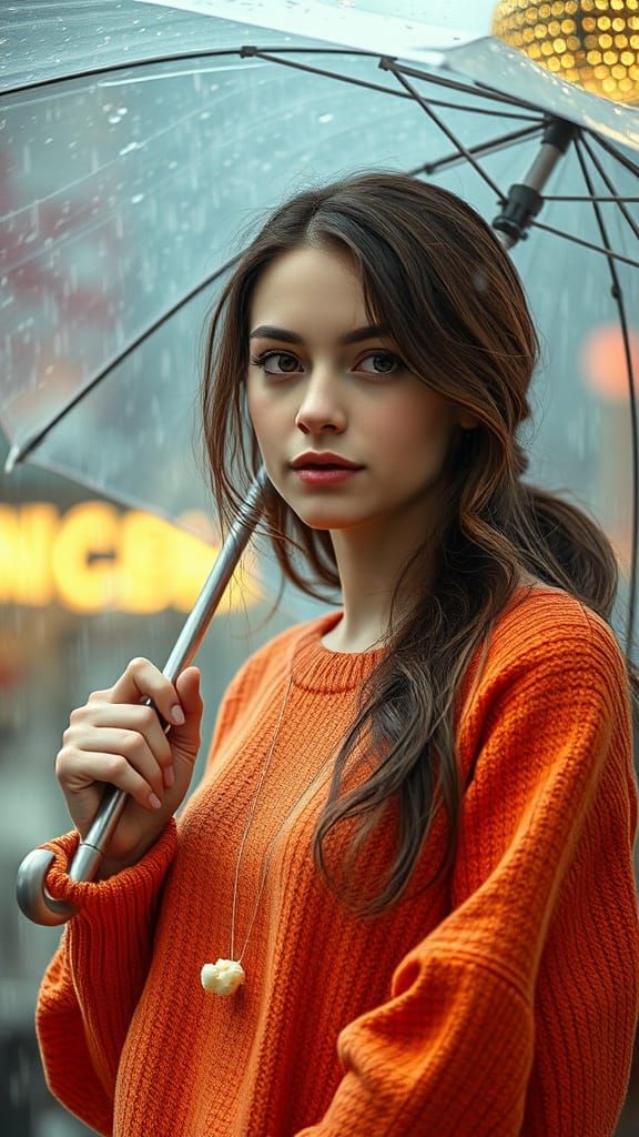 Photorealistic Woman with Umbrella in Popcorn Rain