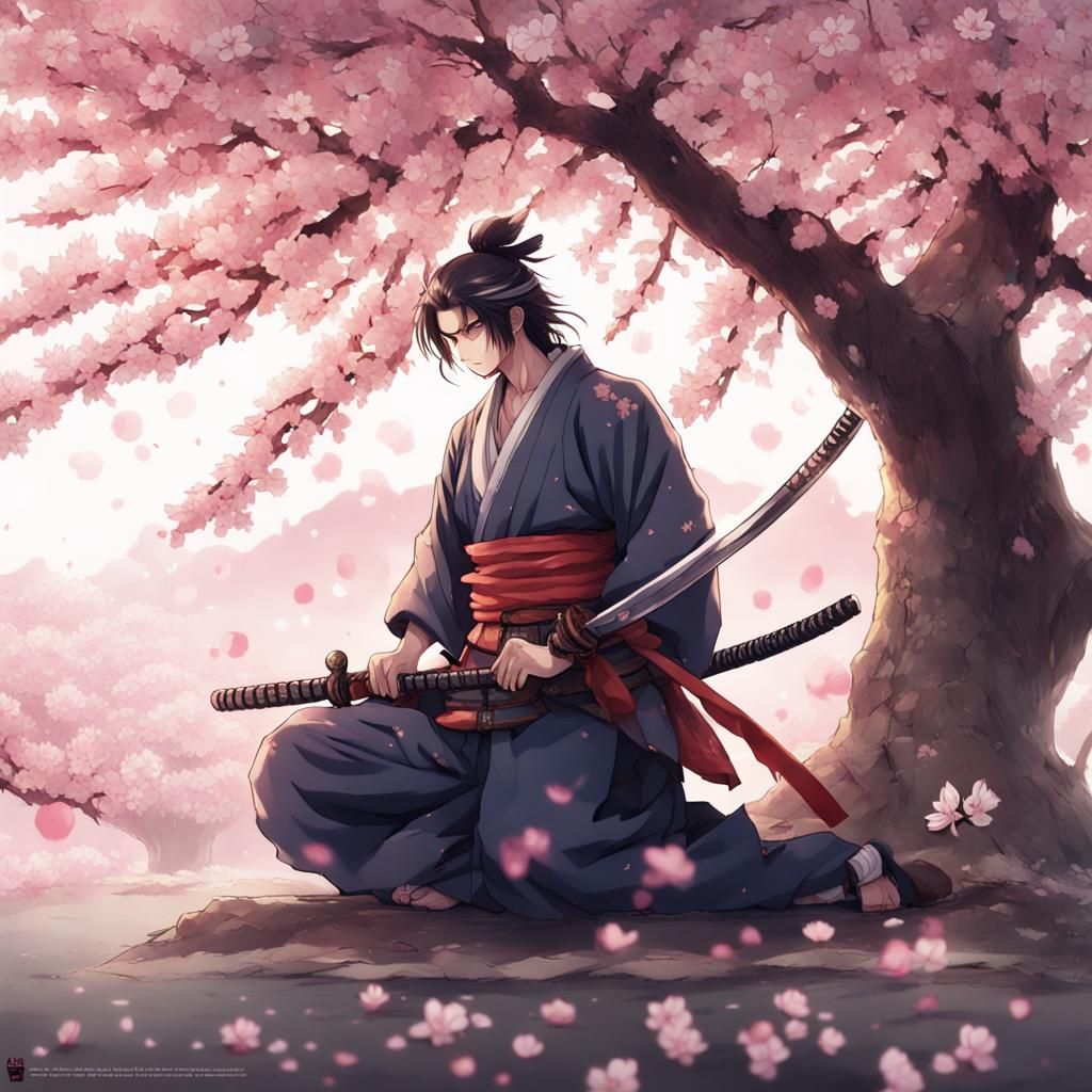 Samurai Kneeling Before Cherry Blossom Tree in Anime Art