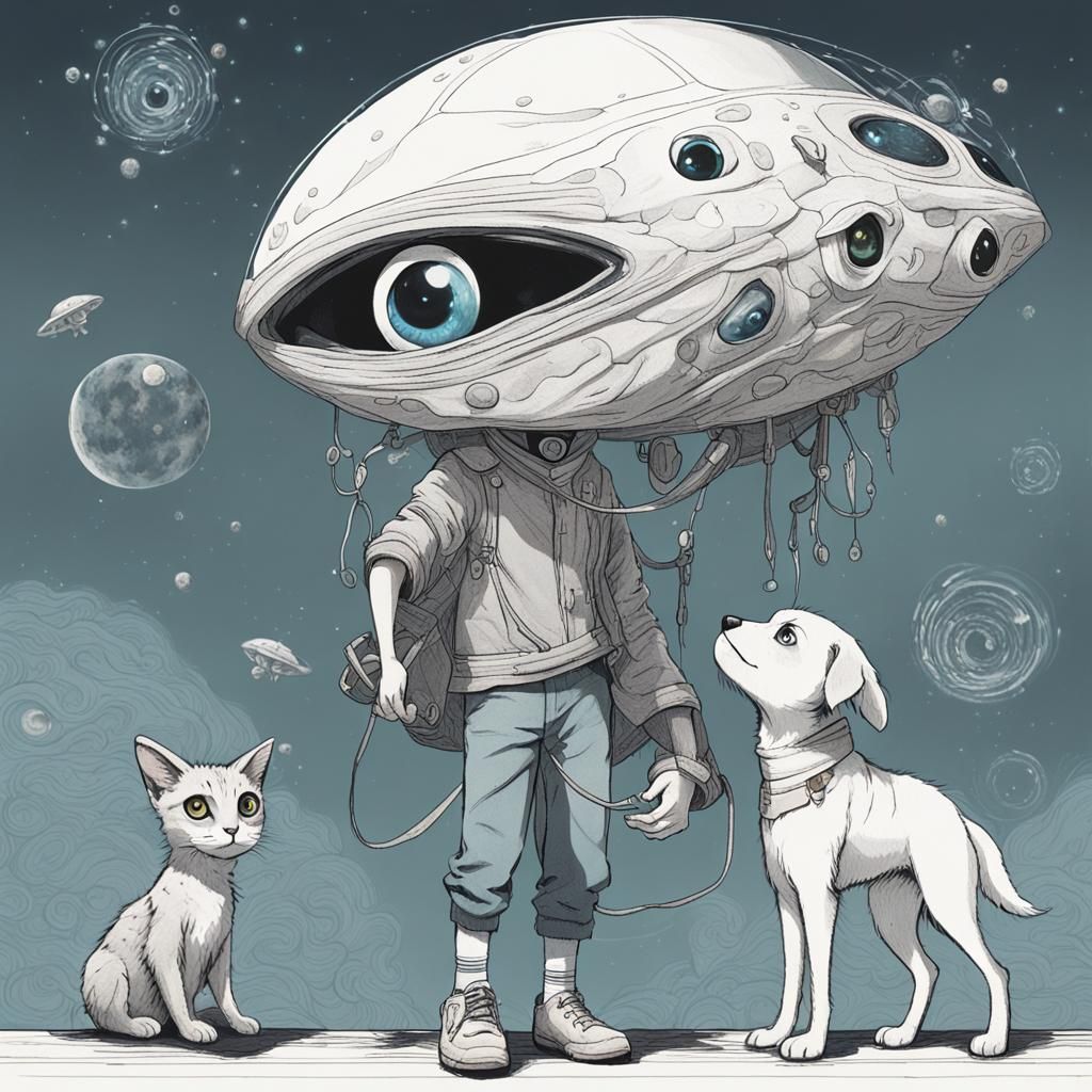 Probability-Manipulating Boy with Pet Creature in Sci-Fi Art