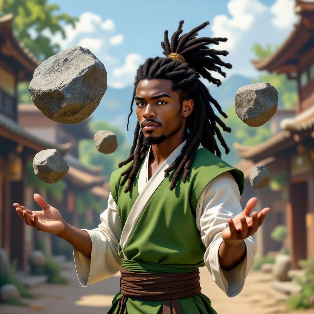 Earthbender Levitating Rocks in Realistic Portrait