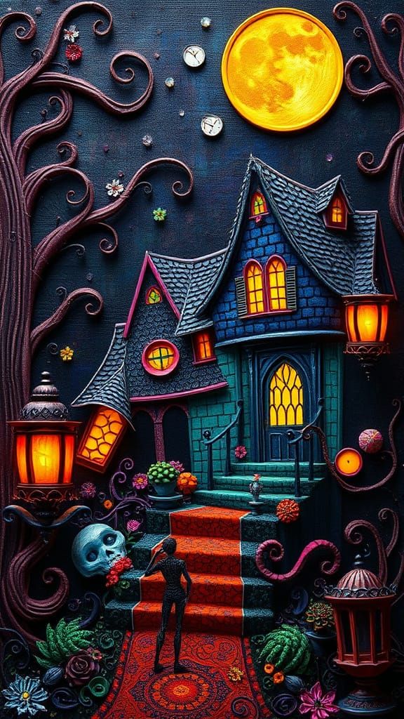Home for the Chronically Loony Tim Burton contrasting colors deep color detailed painting gothic art quilling mosaic oil...