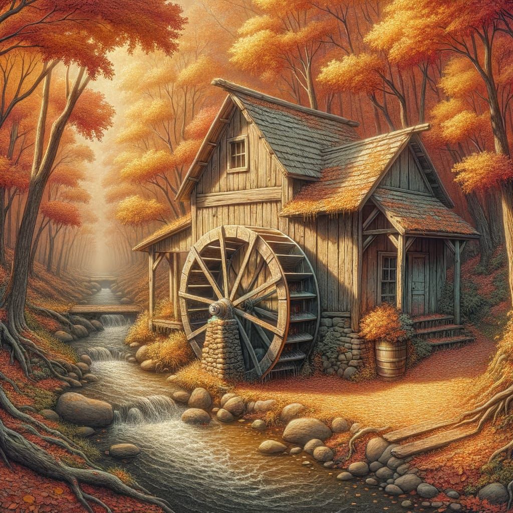 Vintage Waterwheel Scene in Fall Colors