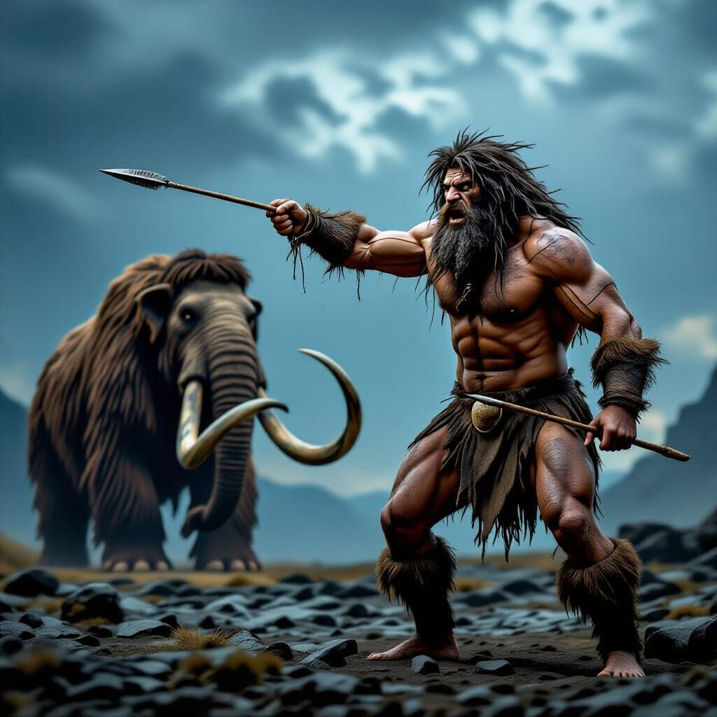 Caveman Hunter Confronts Woolly Mammoth
