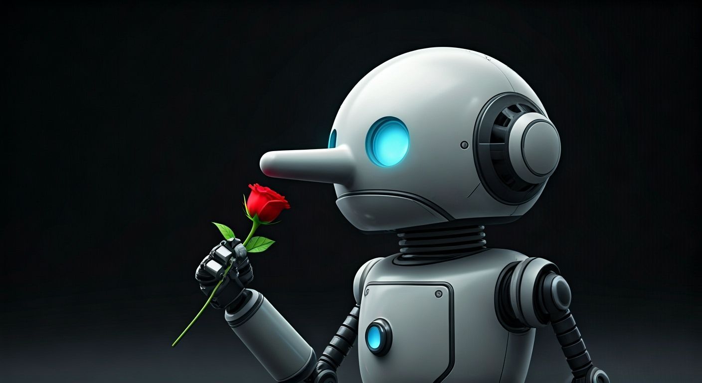 Cute Robot with Big Nose Smells a Rose
