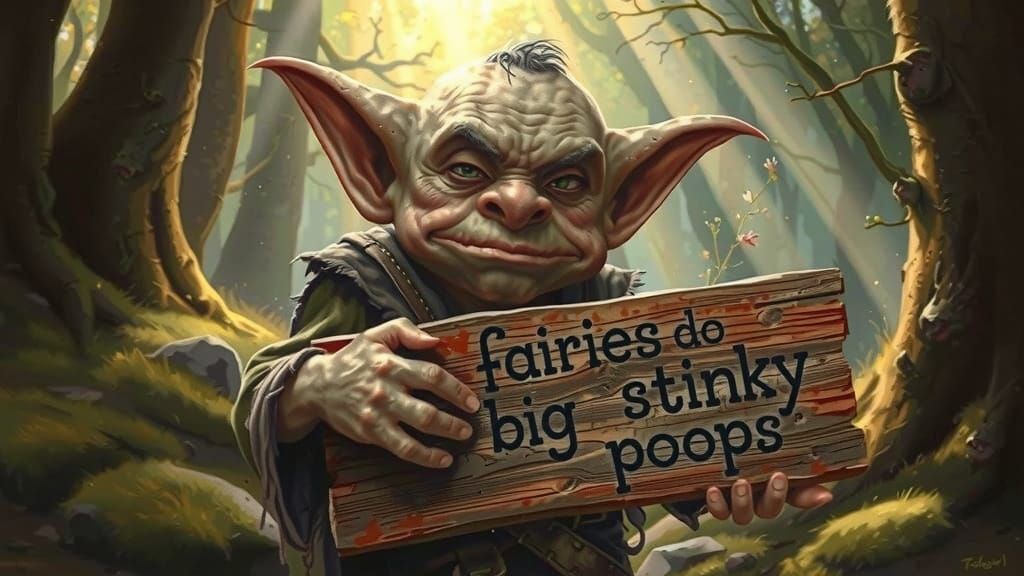 Grumpy Goblin Holds 'Fairies Poop' Sign in Forest Clearing