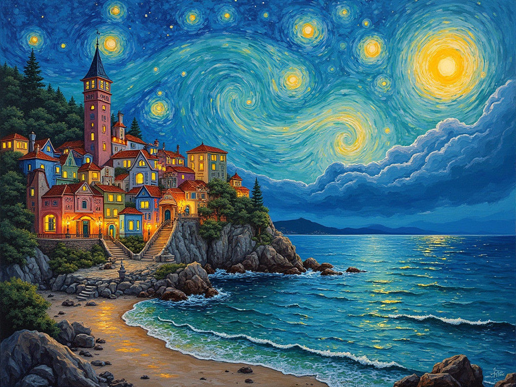 Dreamy Seaside Village at Dusk in Van Gogh Style