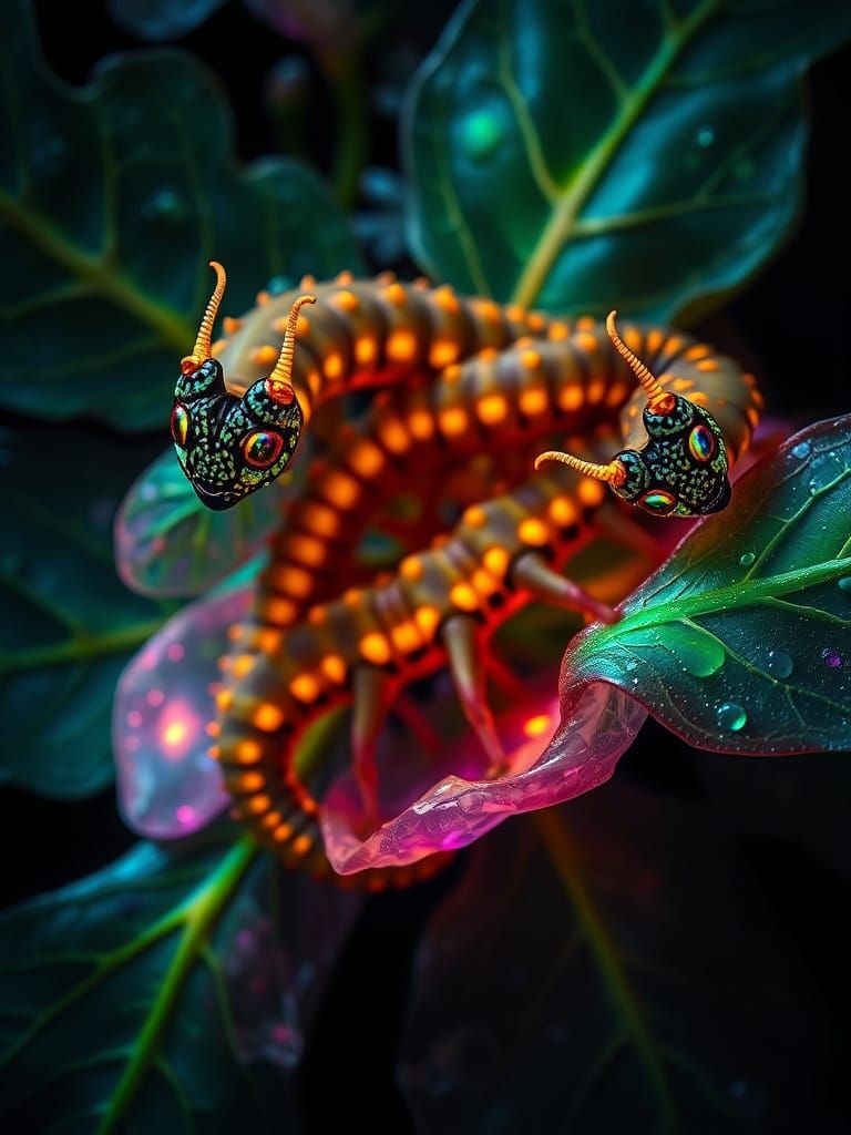 Dragon-Headed Caterpillars on Emerald Leaves in Kintsugi Sty...