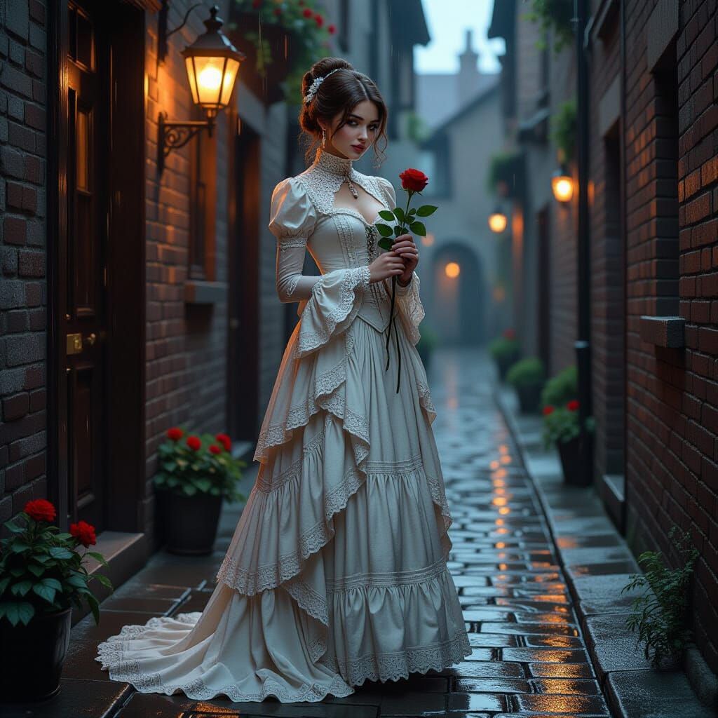 Victorian Lady with Red Rose in Cobblestone Alley