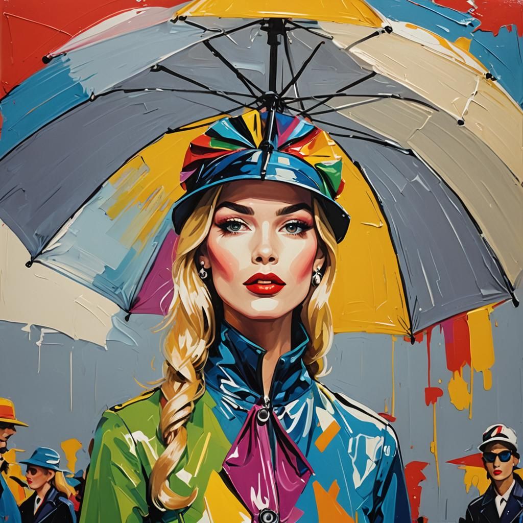 Pop Art Woman with Umbrella Hat on Runway