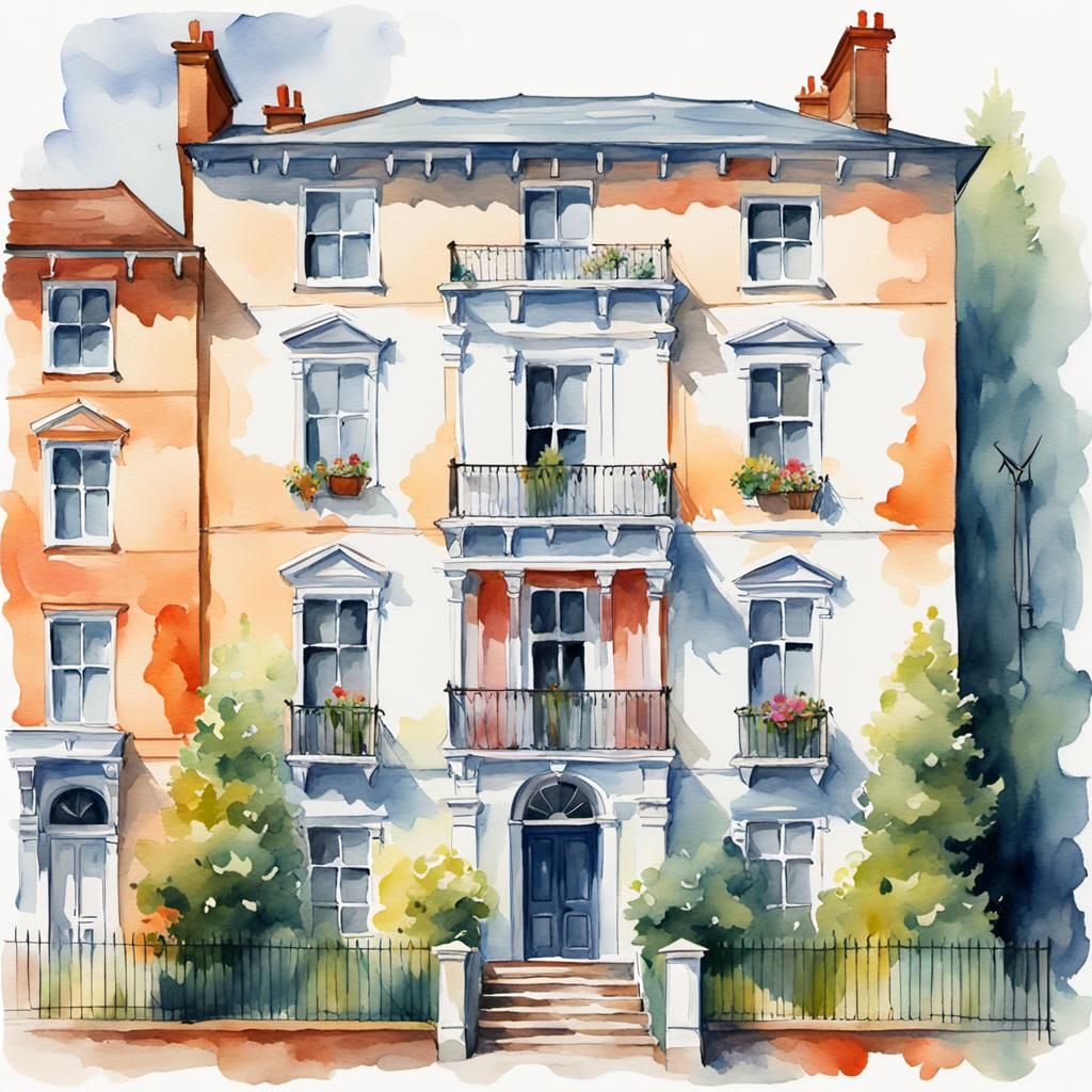 Georgian Townhouse Watercolor Gouache Illustration