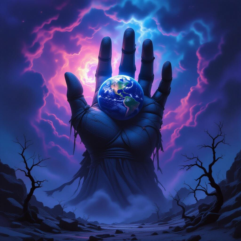 Ancient Stone Hand Holds Planet in Cosmic Nebula