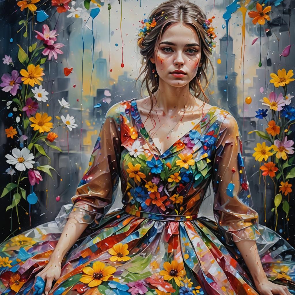 Colorful Oil Painting of Girl in Spring Flowers