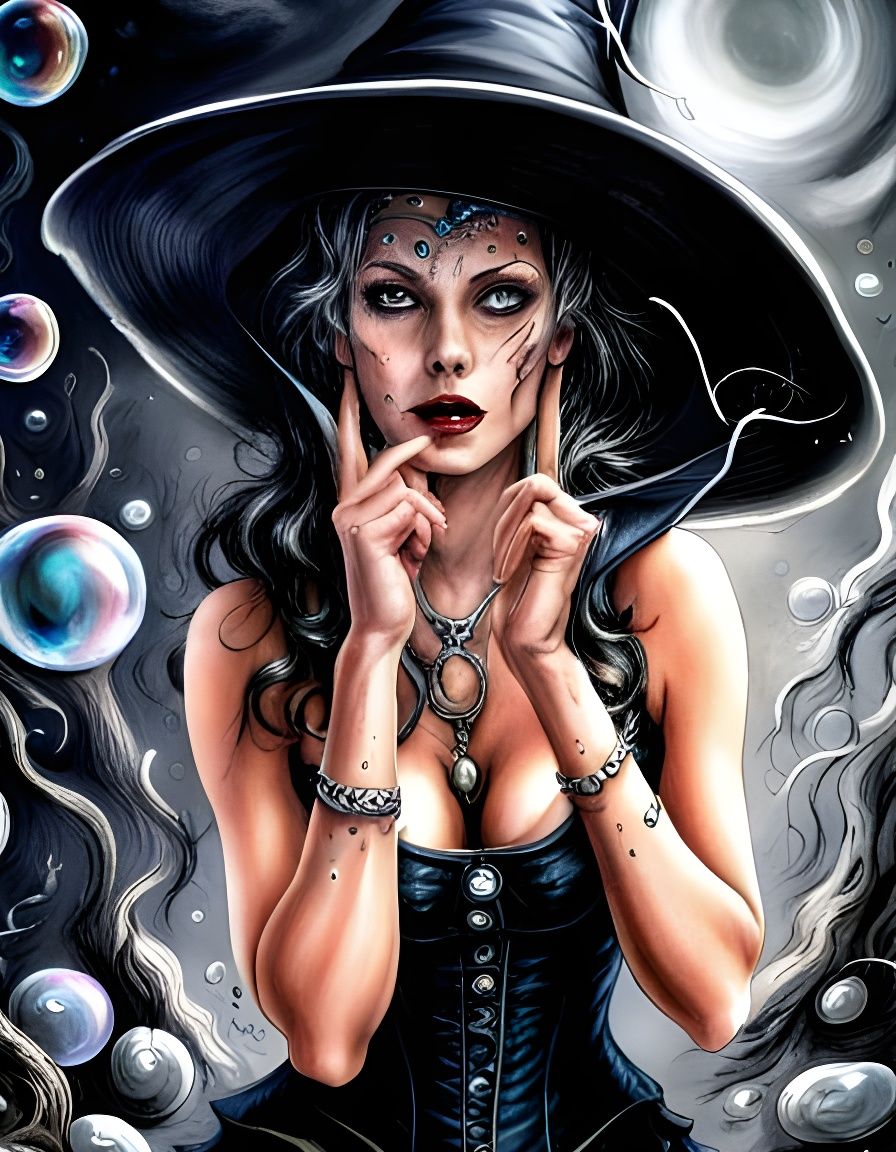 Terrified Witch and Magic Bubble Explosion, Royo Style