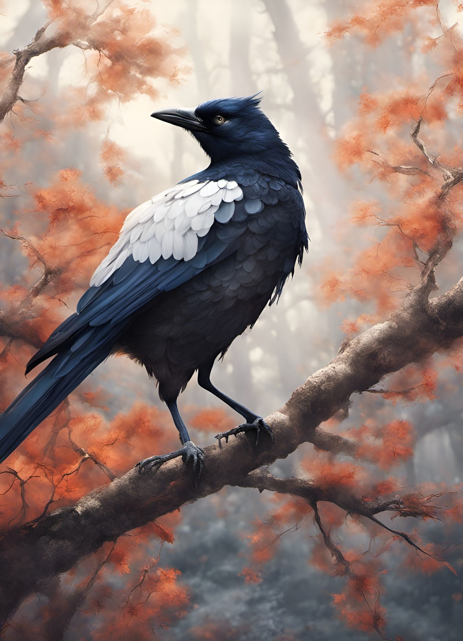 Realistic Magpie Portrait in Midnight Forest