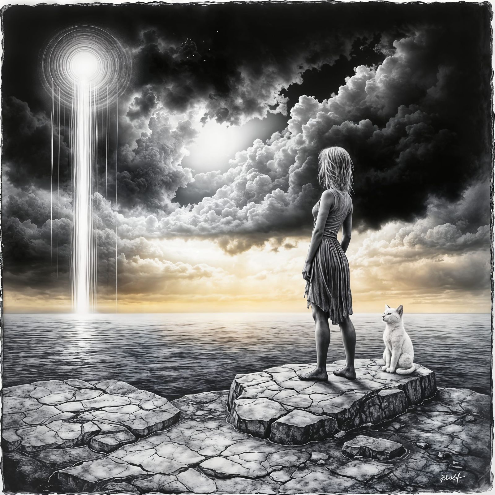 Woman Reaching for Light in Barren Landscape