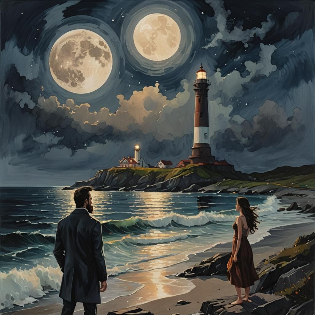 Moonlit Seascape with Lighthouse, Hyperrealistic Gouache Pai...
