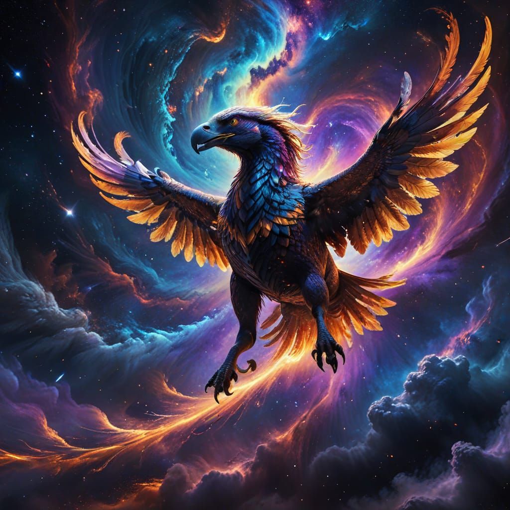 Ethereal Cosmic Eagle-Horse soars through Vibrant Nebula