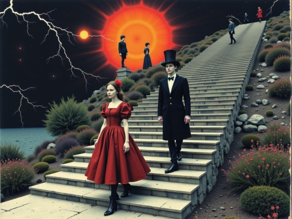 Queen of Hearts and Mad Hatter in Escher-Klimt Surrealism