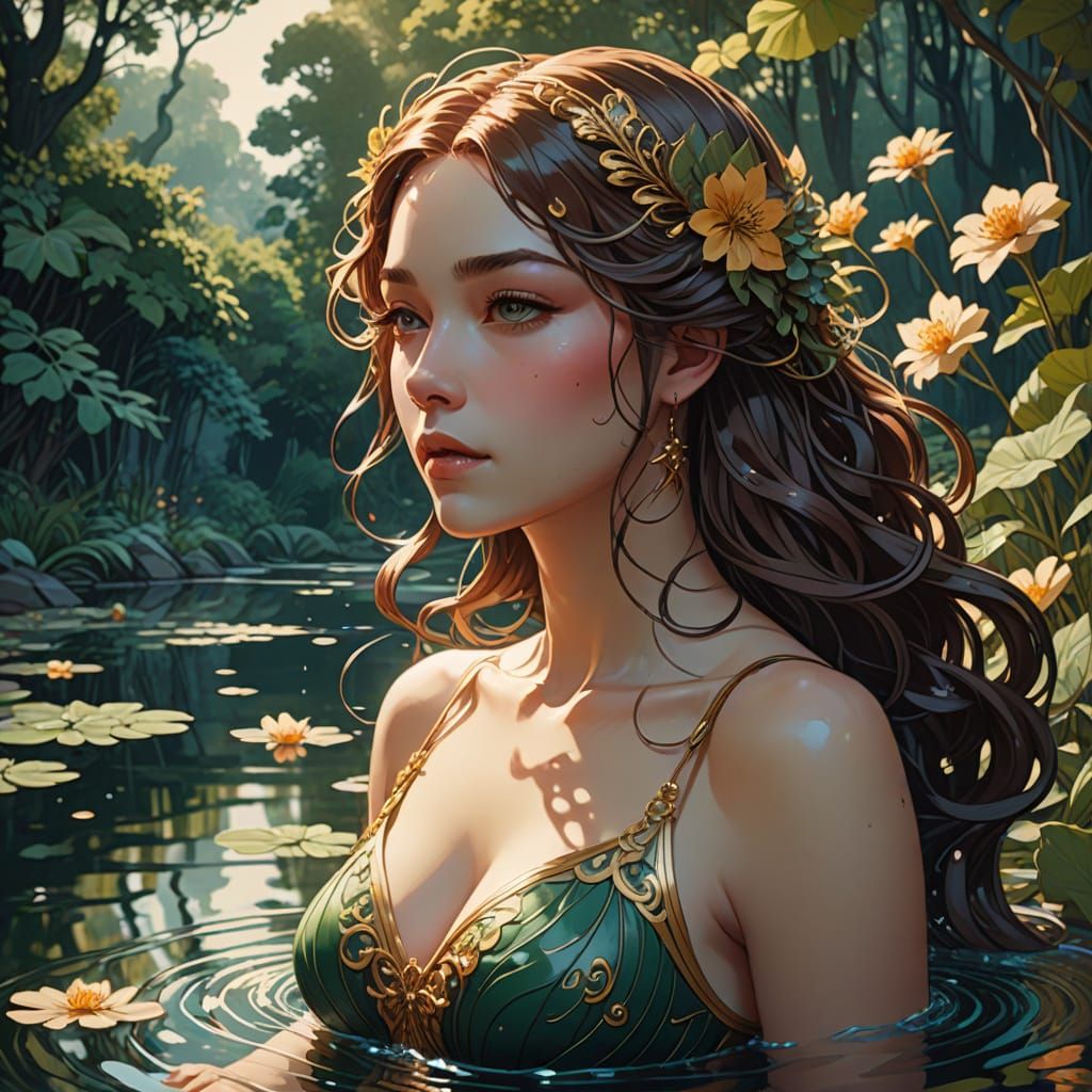 Jugendstil Girl in Serene Lake Landscape