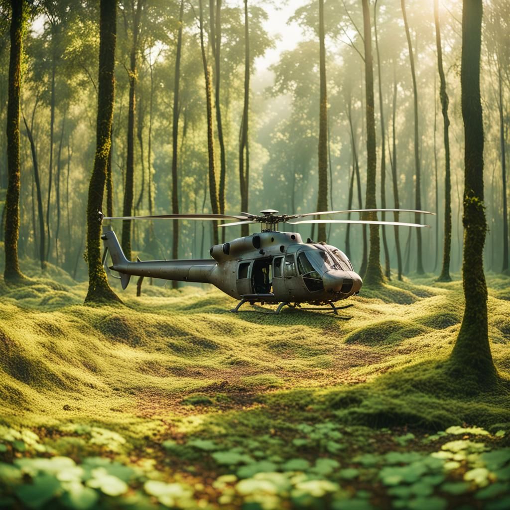 Abandoned Helicopter Wreckage in Overgrown Jungle