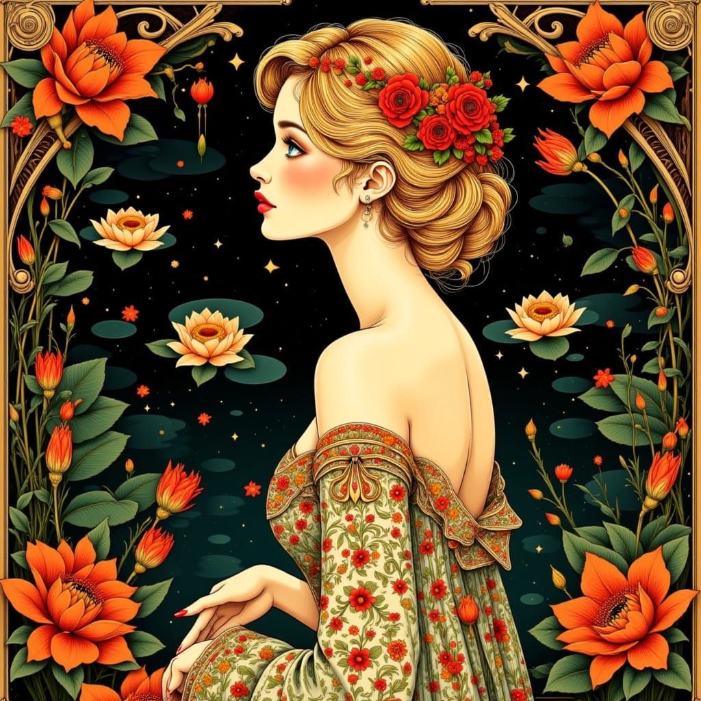 Art Nouveau Portrait of a Woman with Golden Hair and Rose He...